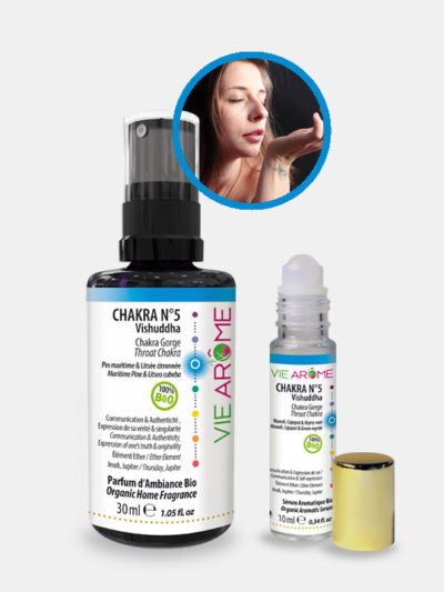 KIT Chakra 5 Gorge Vishuddha Parfum ambiance et Roll-on Sérum Bio Vie Arôme