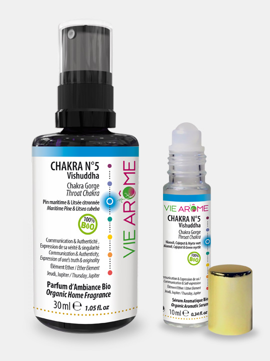 KIT Chakra 5 Gorge Vishuddha Parfum ambiance et Roll-on Sérum Bio Vie Arôme